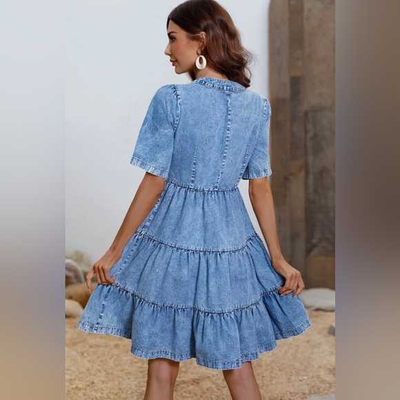 Shein French puff sleeve button thru ruffle hem denim dress - Picture 2 of 13